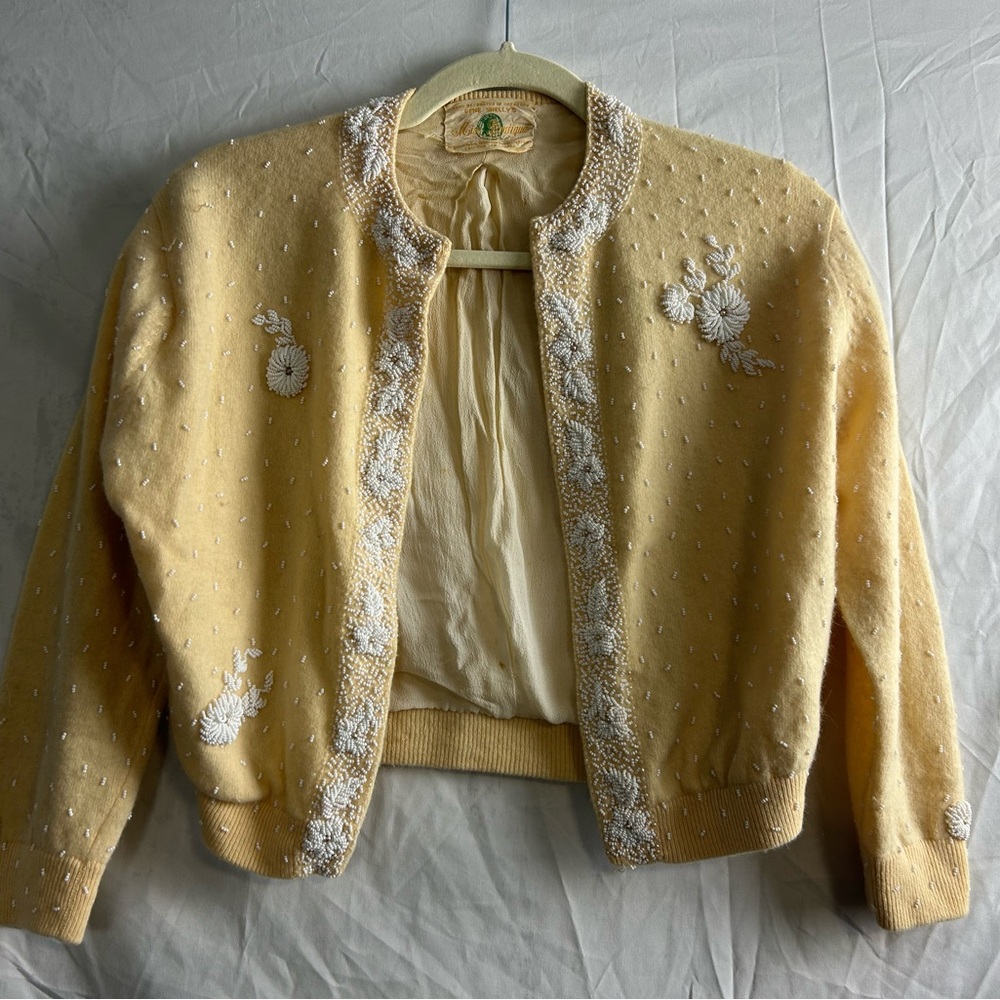 Gene Shelly’s Miss Boutique vintage cardigan cream white beads rare